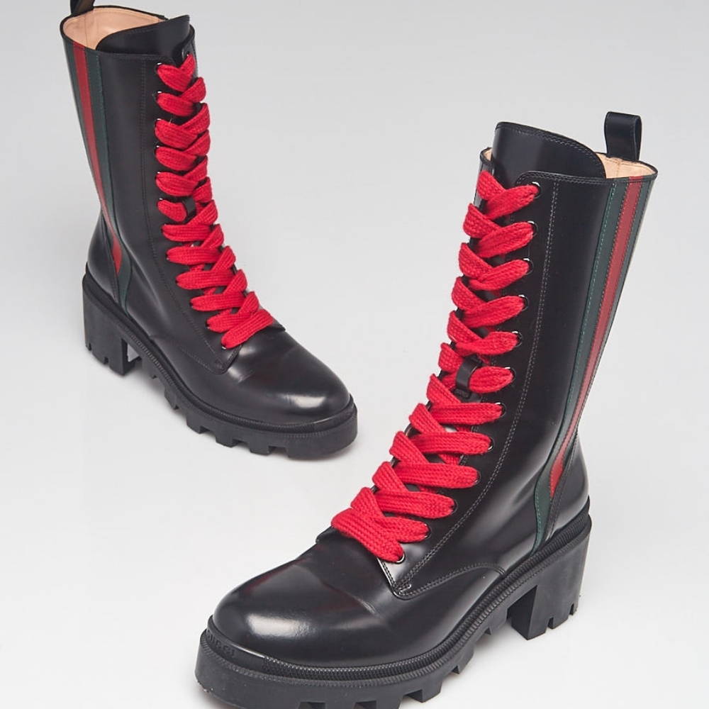 Authentic Gucci Black Leather Sylvie Web Stripe Lace Up Combat Boots EUR 36.5